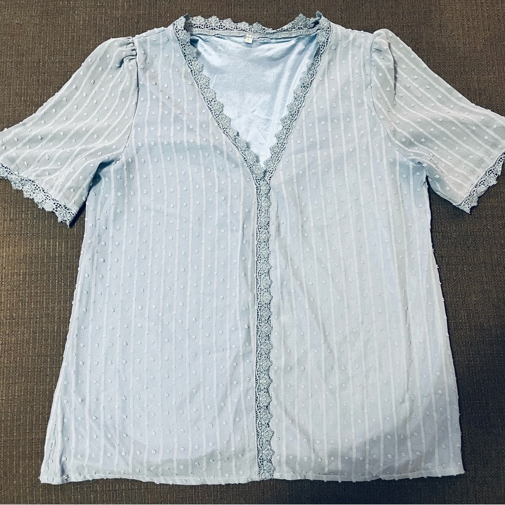 Swiss Dot Lace Trim Light Blue Top